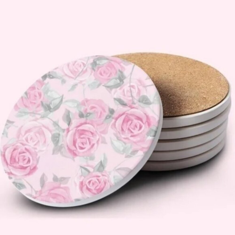 Pink Roses Ceramic Bar Coaster Set